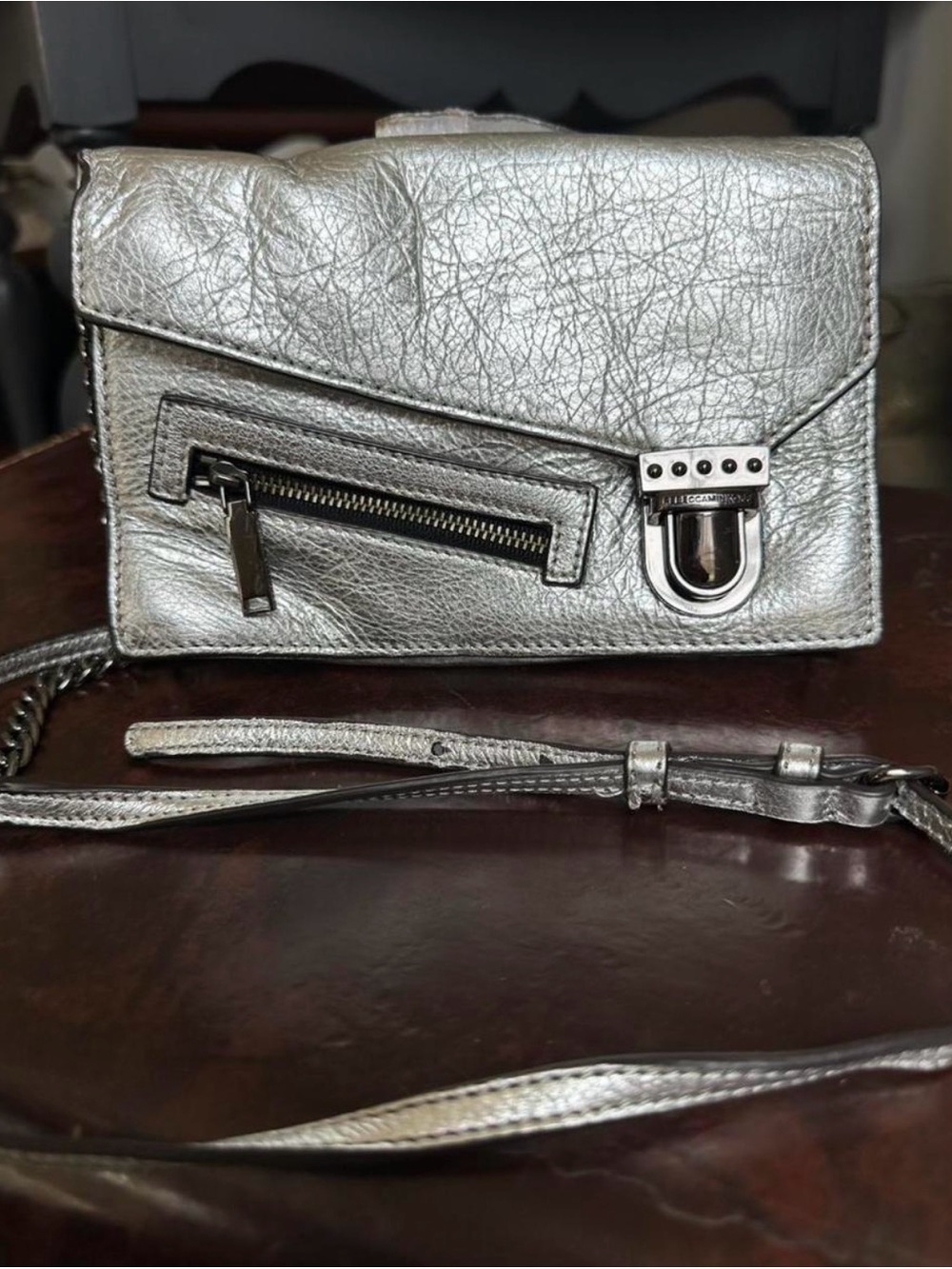 Rockin Rebecca Minkoff metallic leather crossbody wallet with gunmetal chain